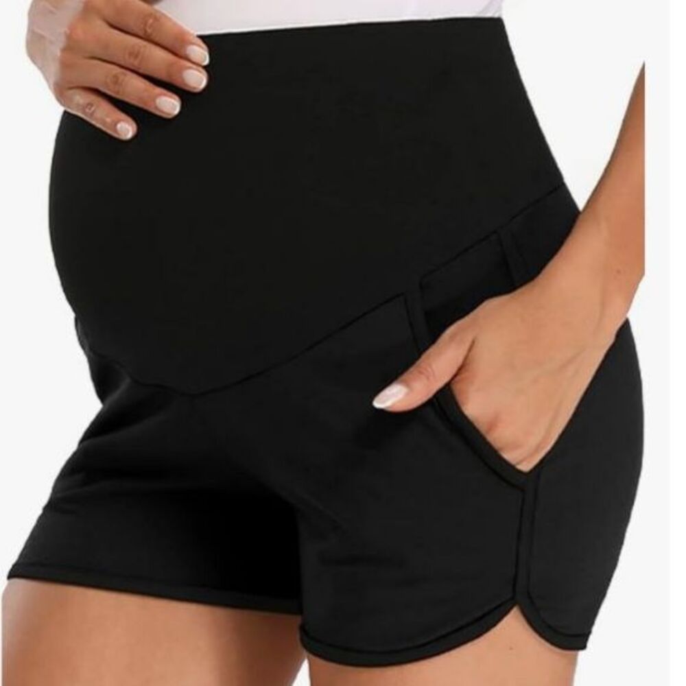 Fitglam Maternity Over Belly Shorts Women’s XL Black Stretch Lounge Workout NWT